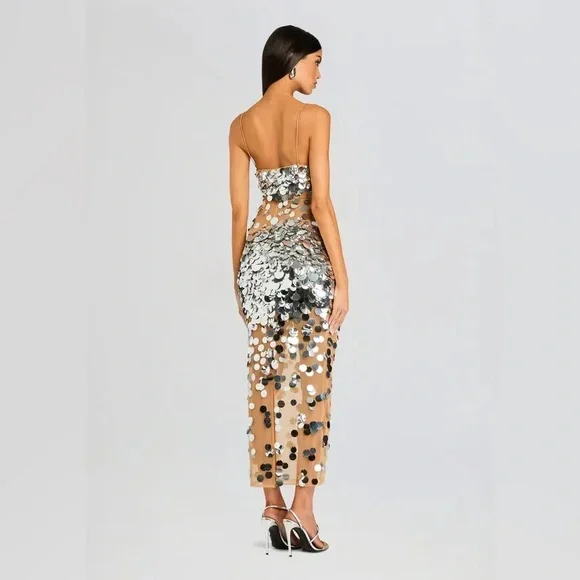 Retrofete Mischa Sequin Dress Spaghetti Strap Silver - Picture 4 of 14